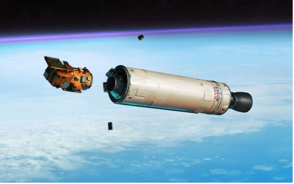 Visual simulation of the OB-1 upper stage deploying a satellite in low Earth orbit. The HyPrSpace logo is visible on the launcher, reinforcing the company’s active role in the New Space sector.