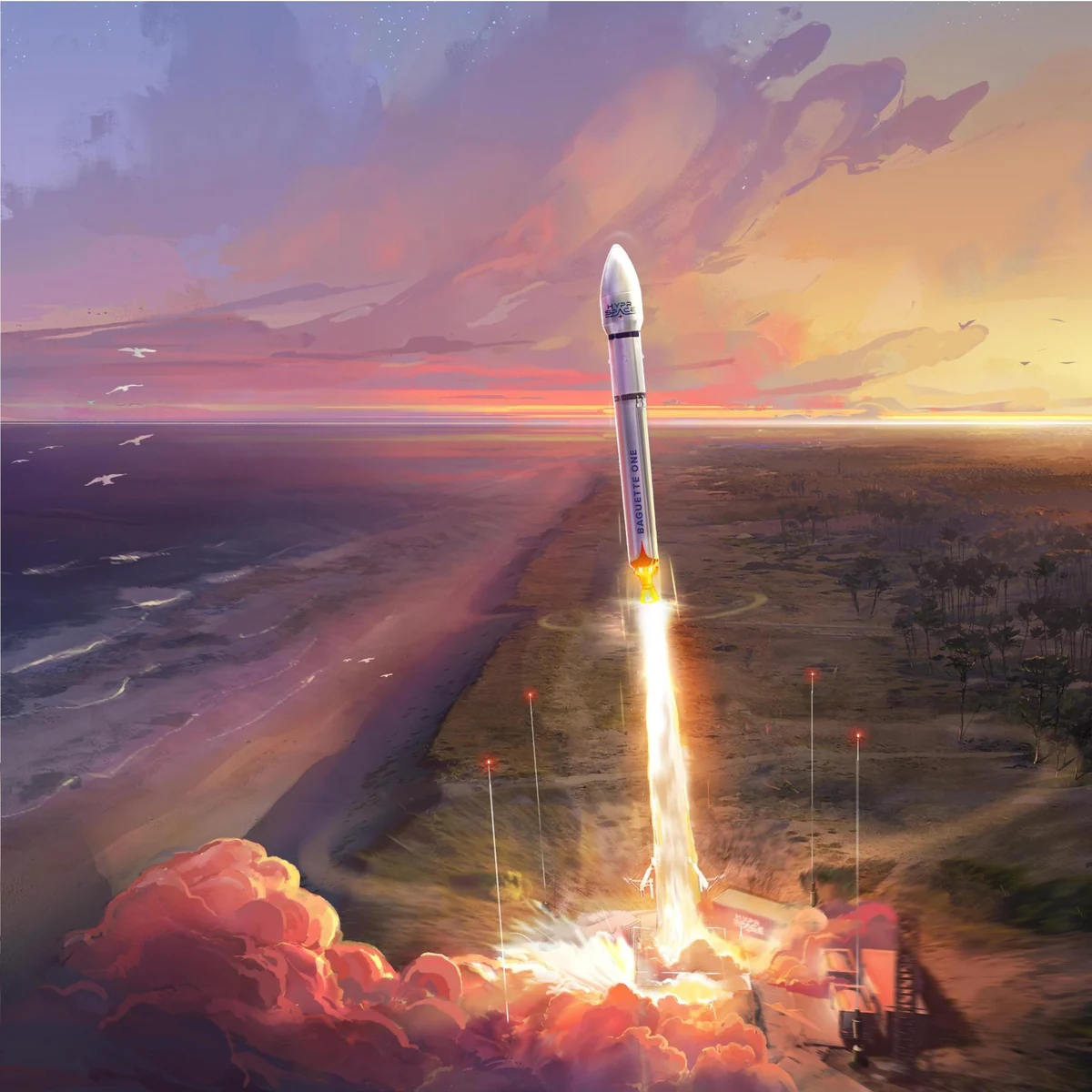 Artist’s impression of Baguette One lifting off from Biscarrosse, beside the Atlantic coast. © Tony Gimazane.