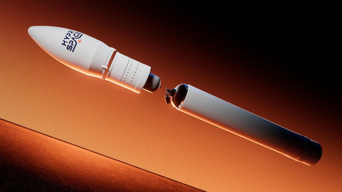 Exploded view of the HyPrSpace launcher on an orange background. © Aurélien Rimbert.