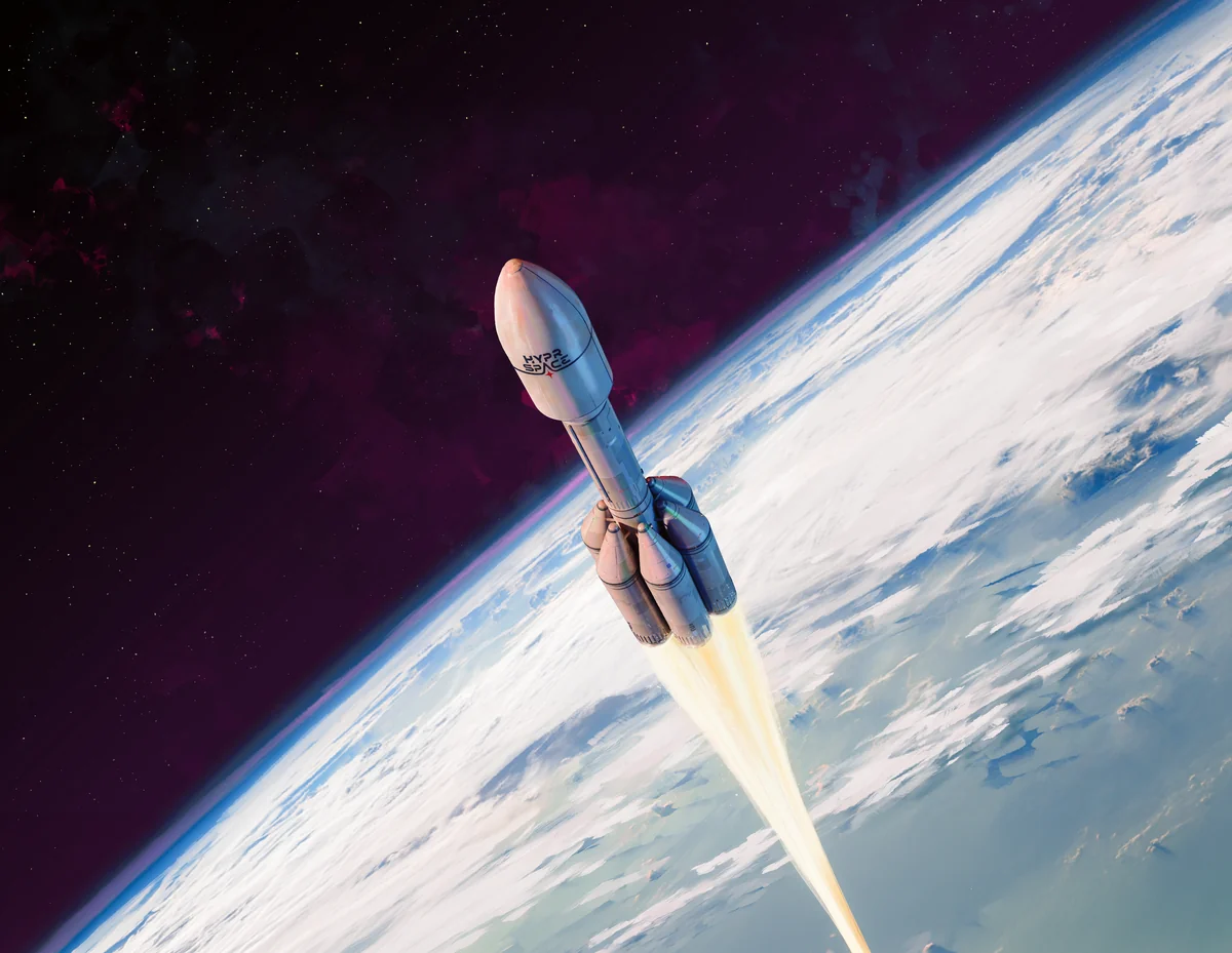 Illustration of the OB1 orbital launcher flying above Earth with the updated HyPrSpace logo. © Maciej Rebisz.